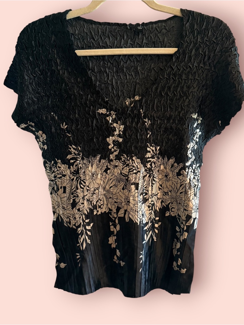 Y2K Crinkle Plissé Floral Stretch Top Black